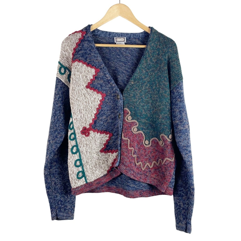 Vintage 62 East Cardigan Sweater Women M Blue Colorblock 90s Knit Gorpcore Indie